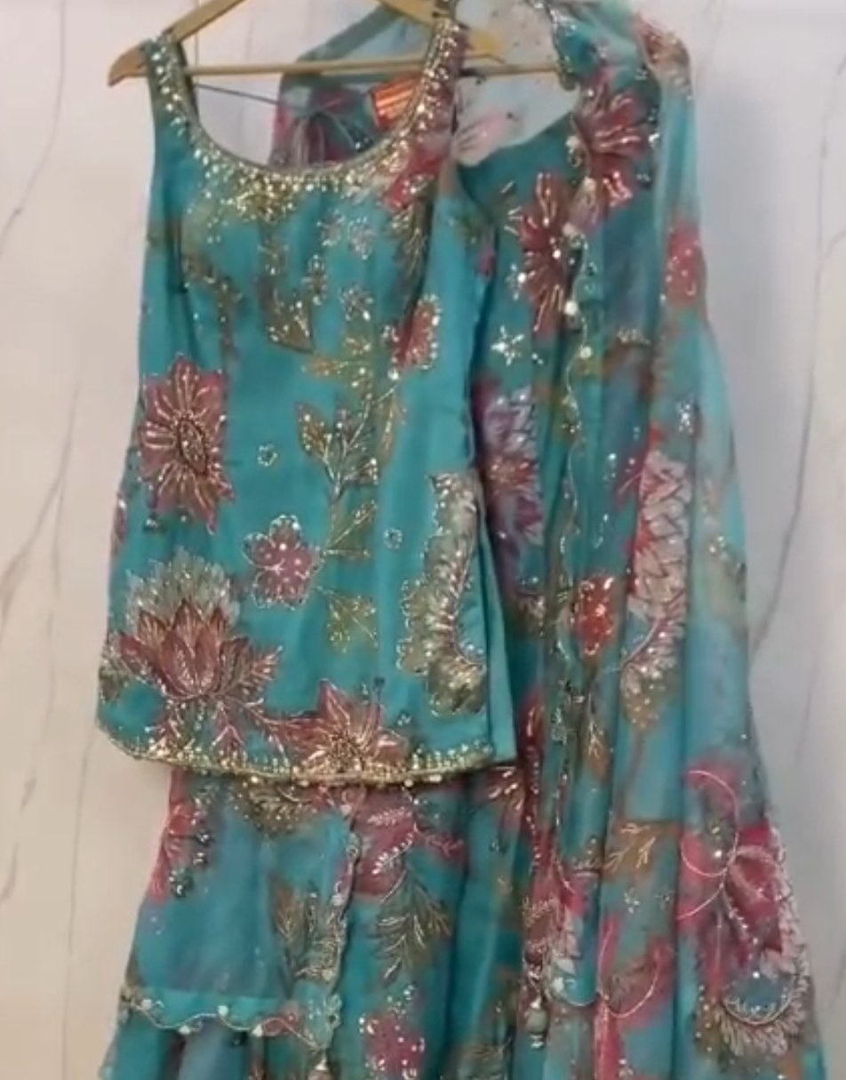 Hand embroidered blue sharara set