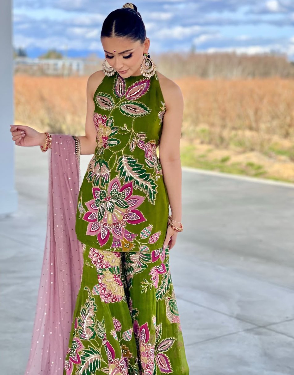 Green embroidered garara set