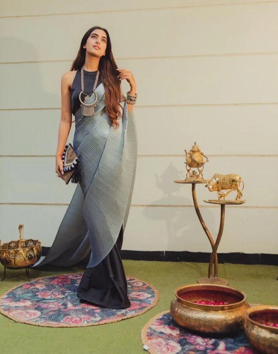 Black And Grey Pleated Saree