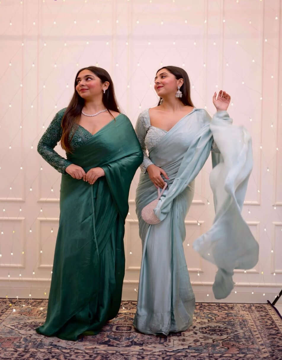 Green chiffon saree with embroidered blouse