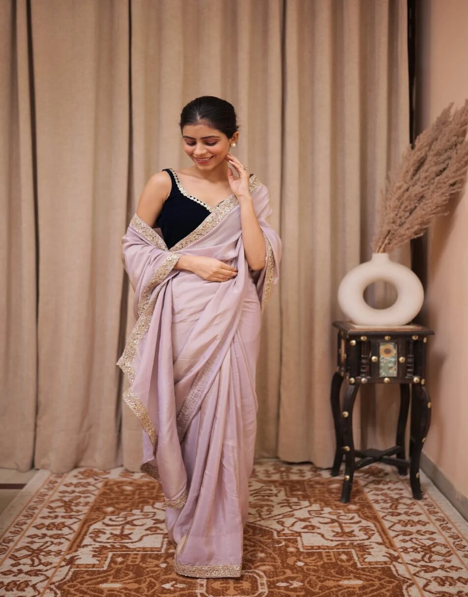 Hazel purple tissue saree with velvet blouse
