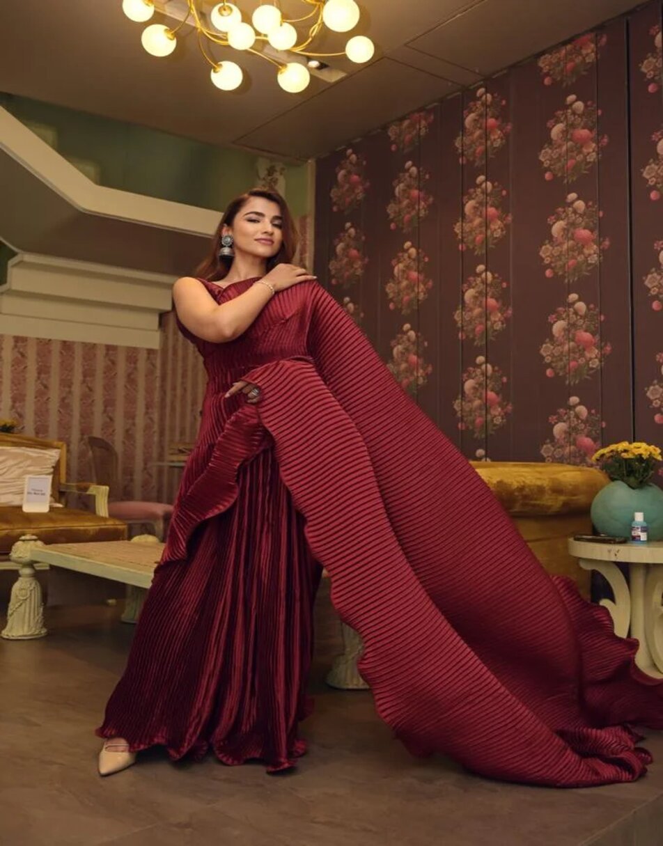 Maroon Ruffle Pleated Saree