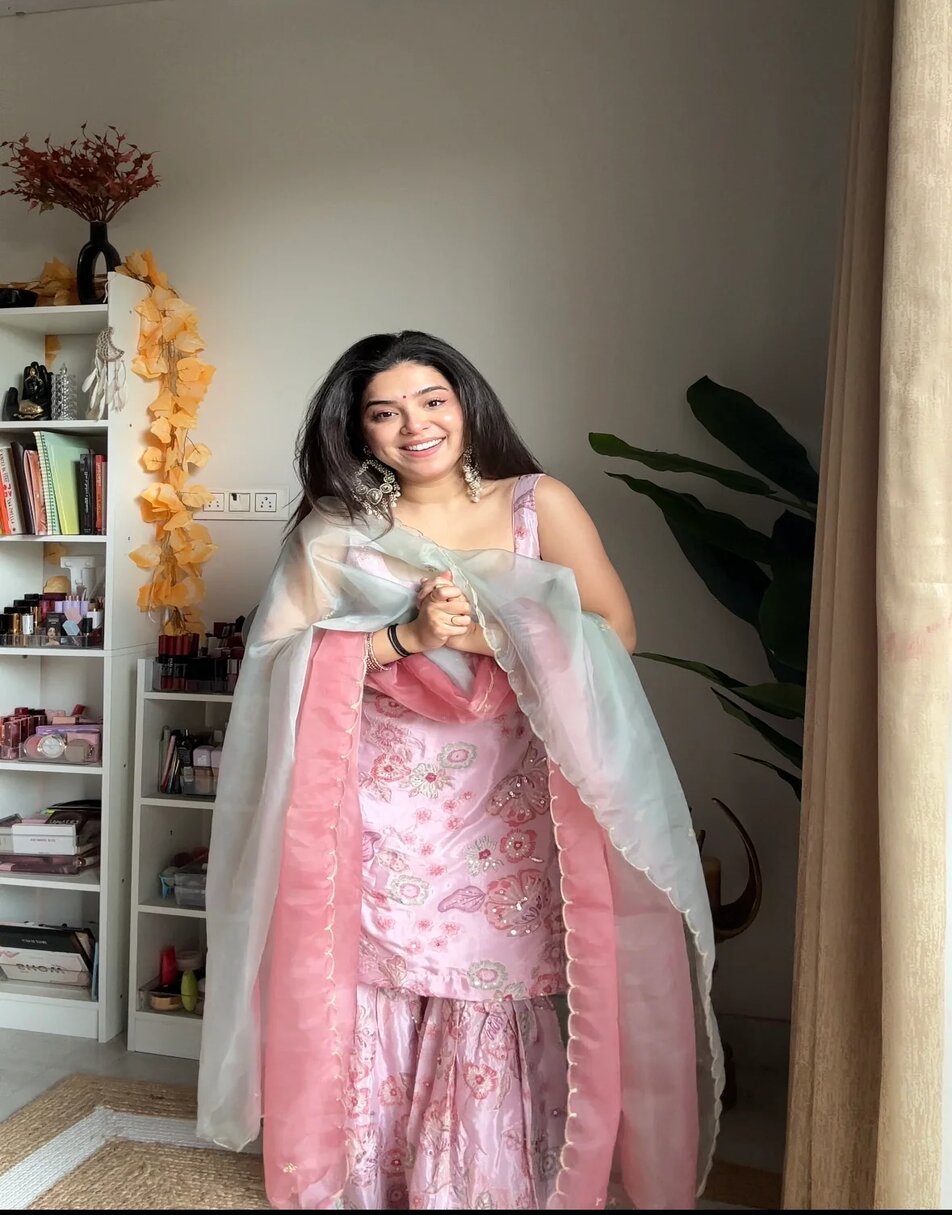 Floral pink sharara set with shaded dupatta