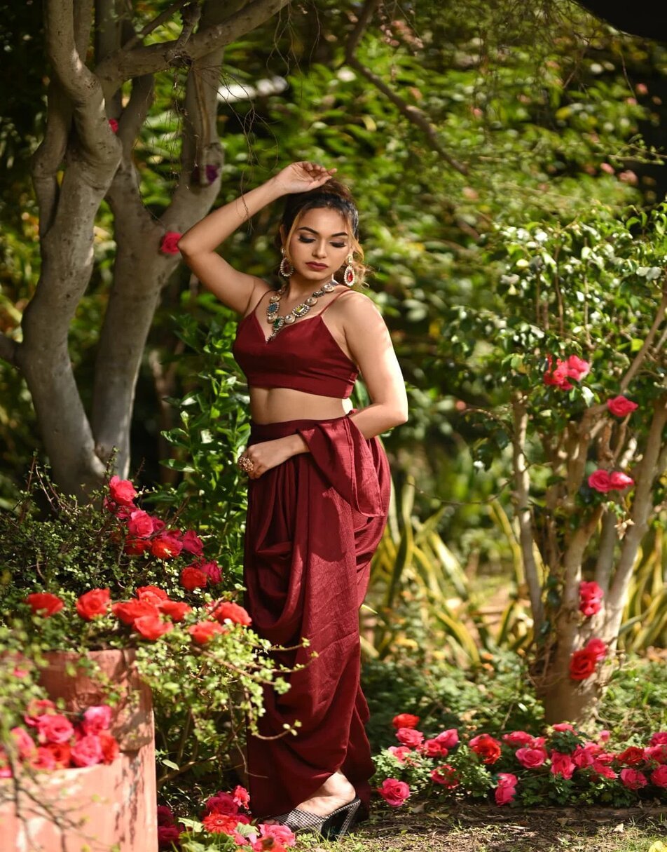 Maroon dhoti set with cape