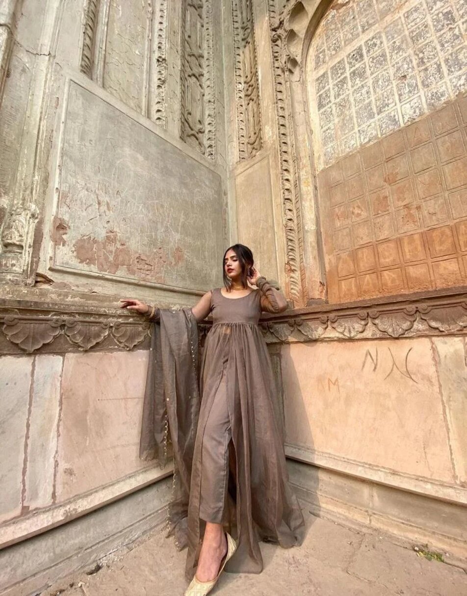 Dark Golden Organza Suit With Slit