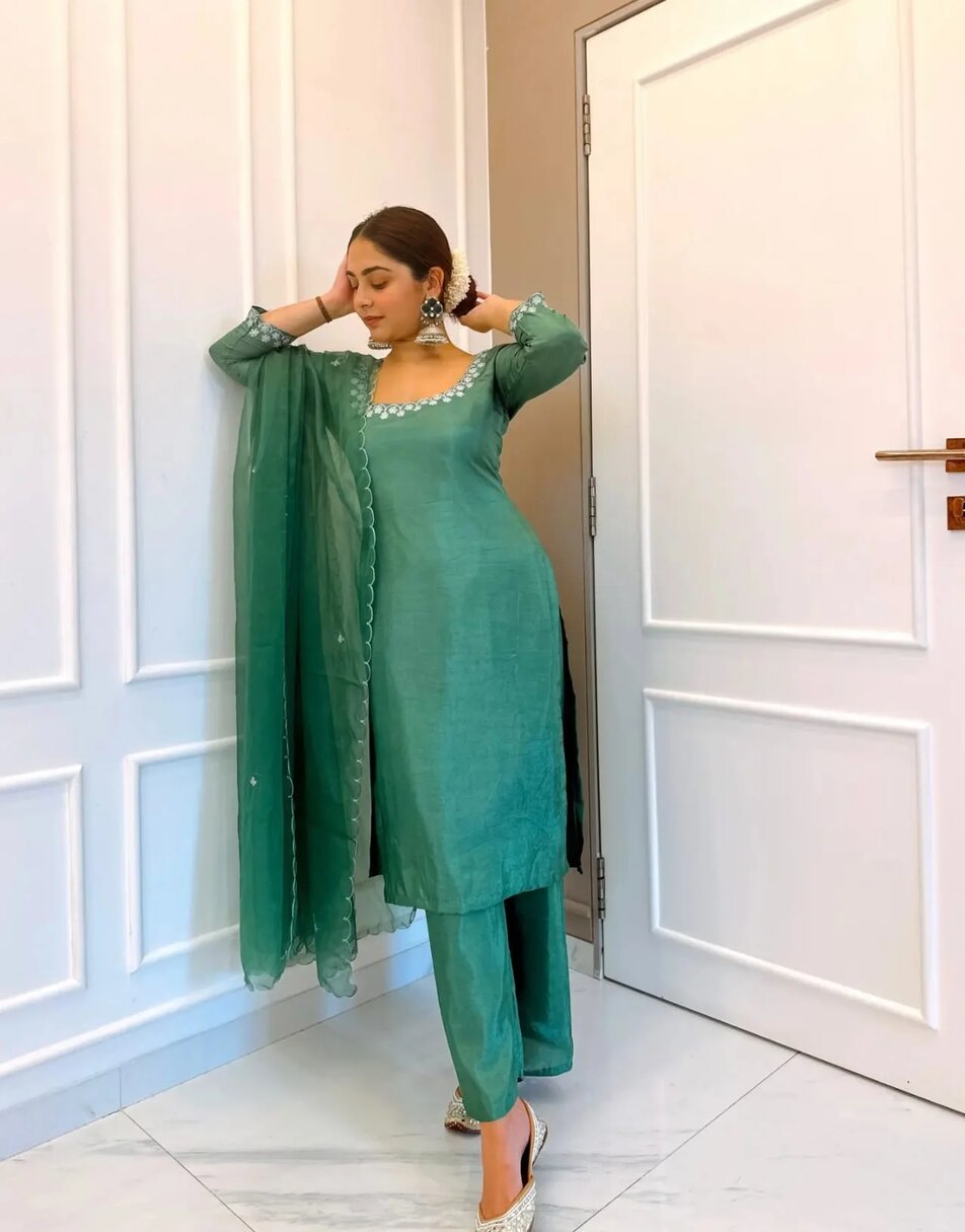 Green uppada silk straight cut suit