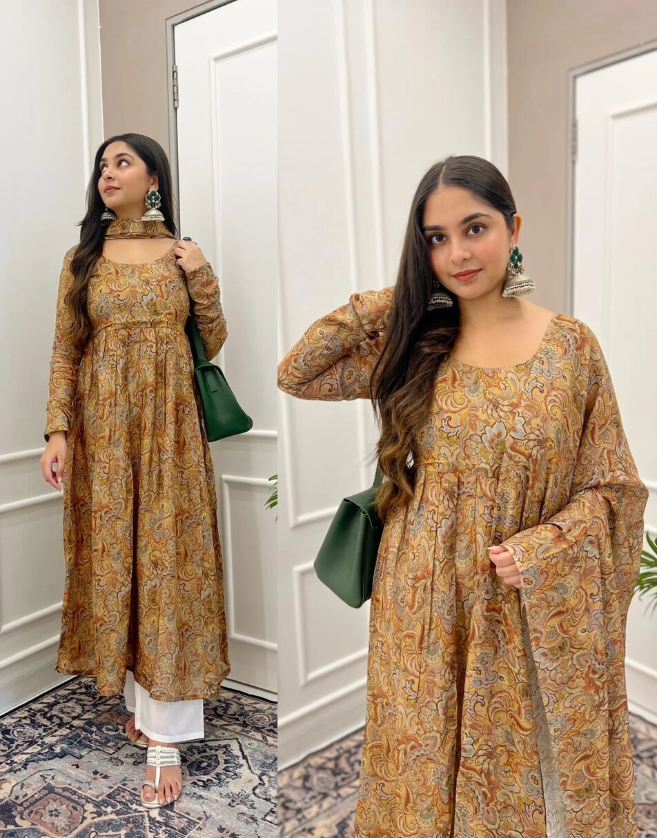 Chanderi Flower Overlapped Print Anarkali Suit