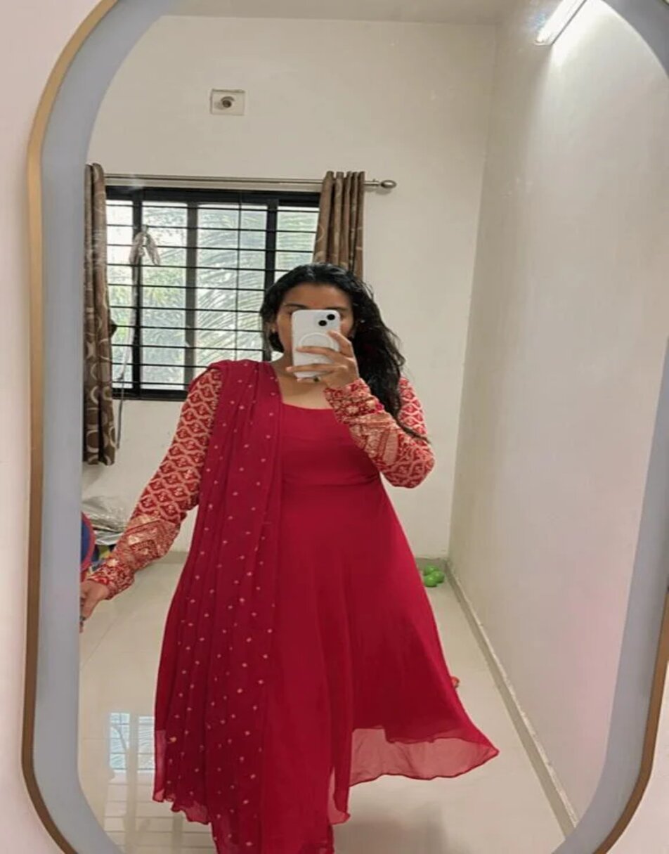 Hot Pink Anarkali Suit With Embroidered Sleeves And Butti work duppatta