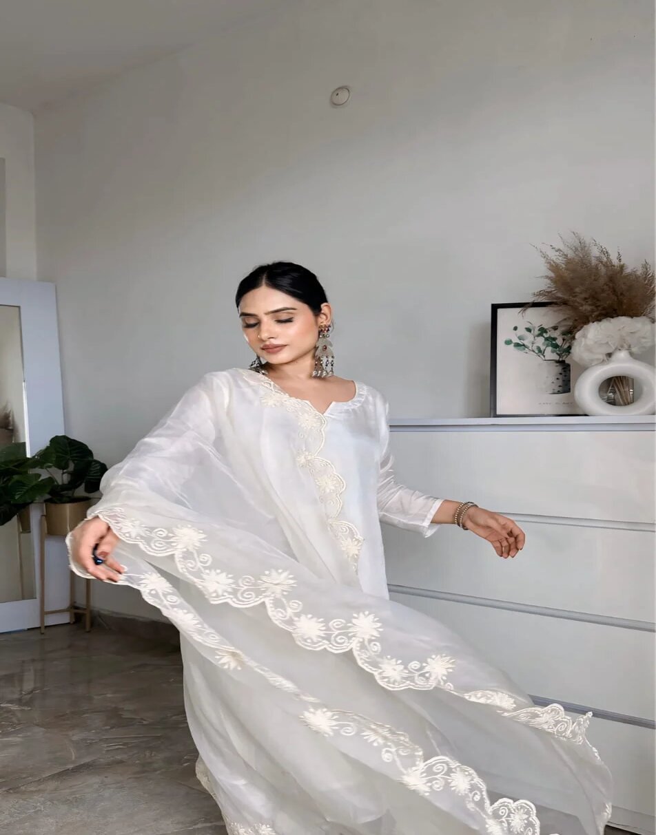 Milky white uppad silk suit with organza hand embroidered duppatta