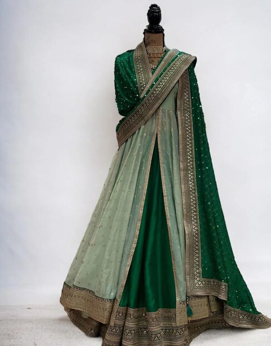 Bottle green anarkali suit with cape