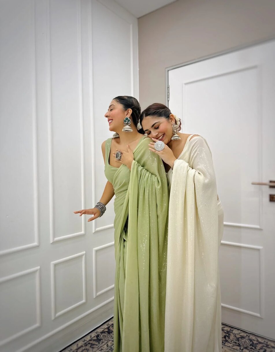 Smoke White Sequin Saree (without stitched blouse)