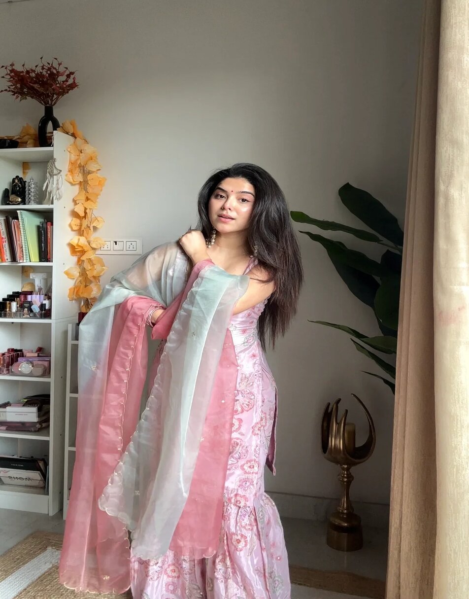 Floral pink sharara set with shaded dupatta