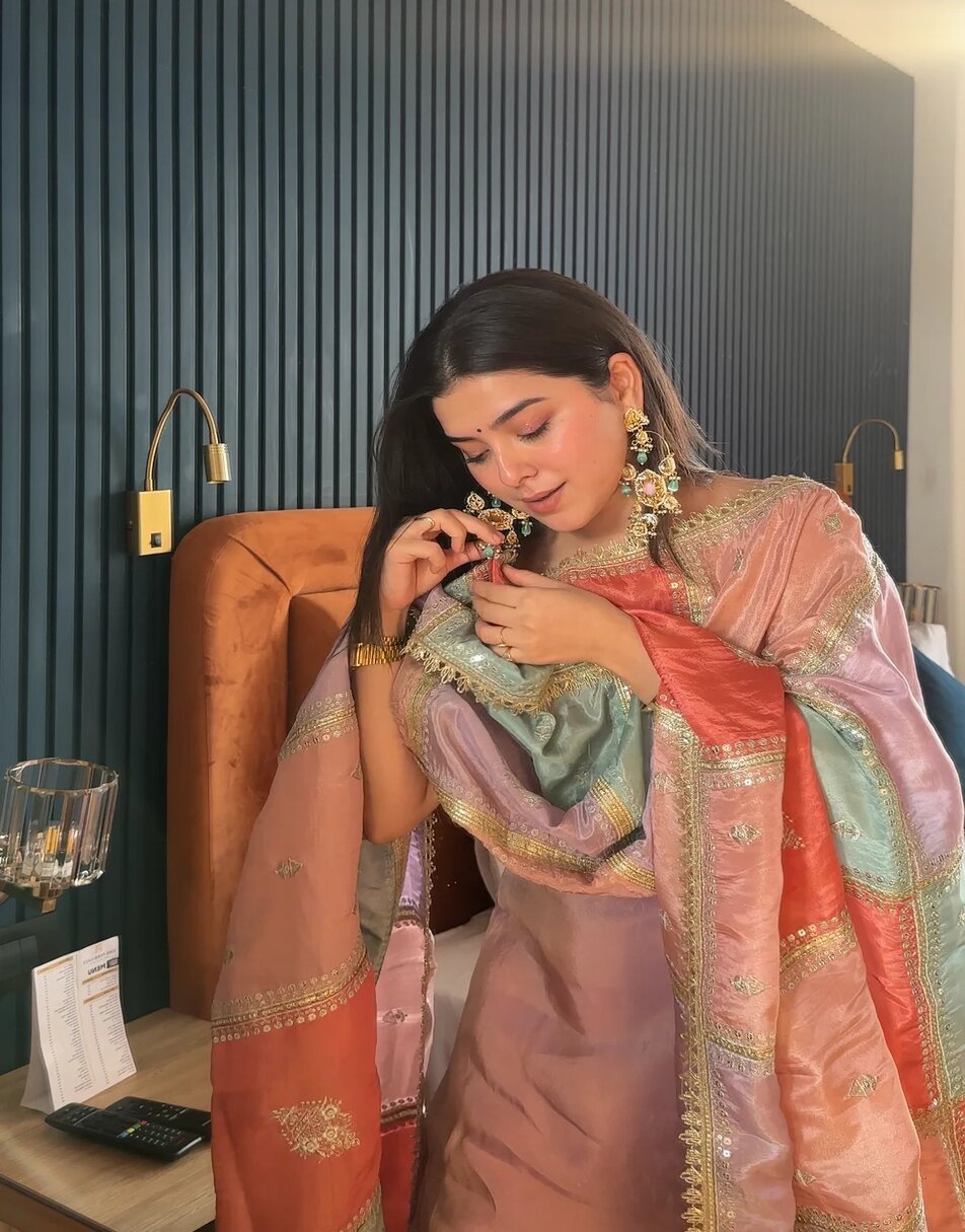 Purple Tissue Sharara Set With Multi Colour Embroidered Dupatta