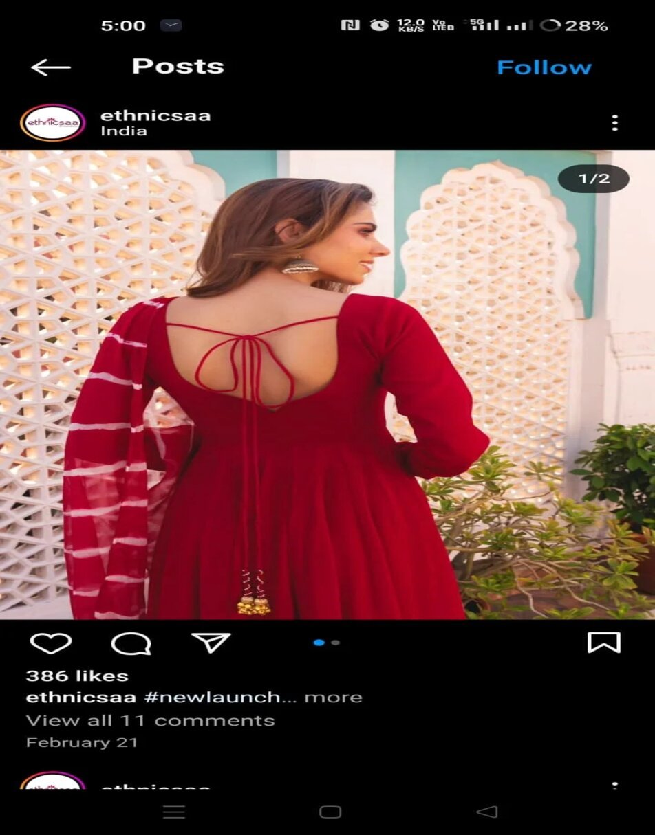 Red flowy georgette anarkali suit with lehriya dupatta