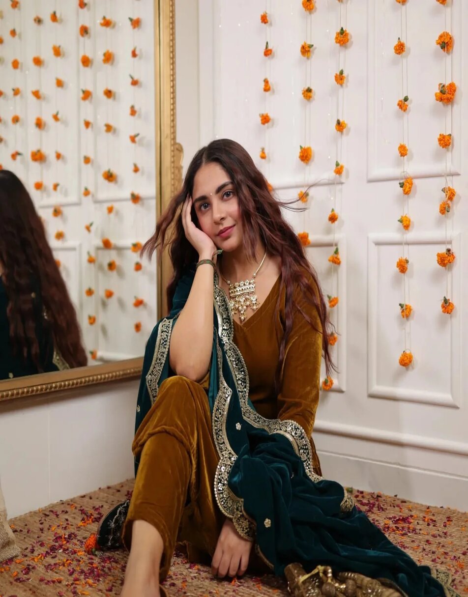 Mud Yellow Velvet Suit With Teal Blue Embroidered Dupatta