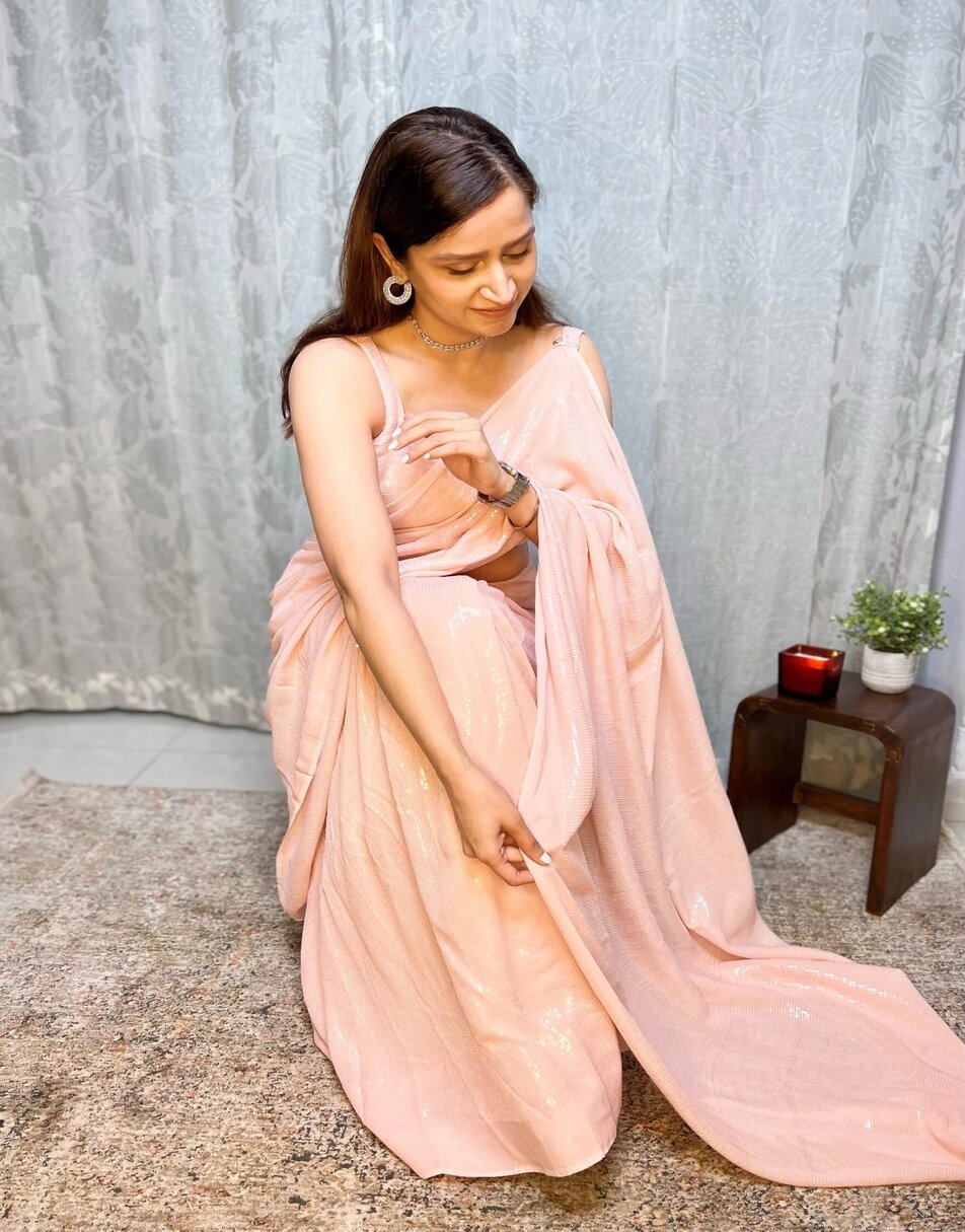 Baby Pink Sequin Saree with Stiched Blouse