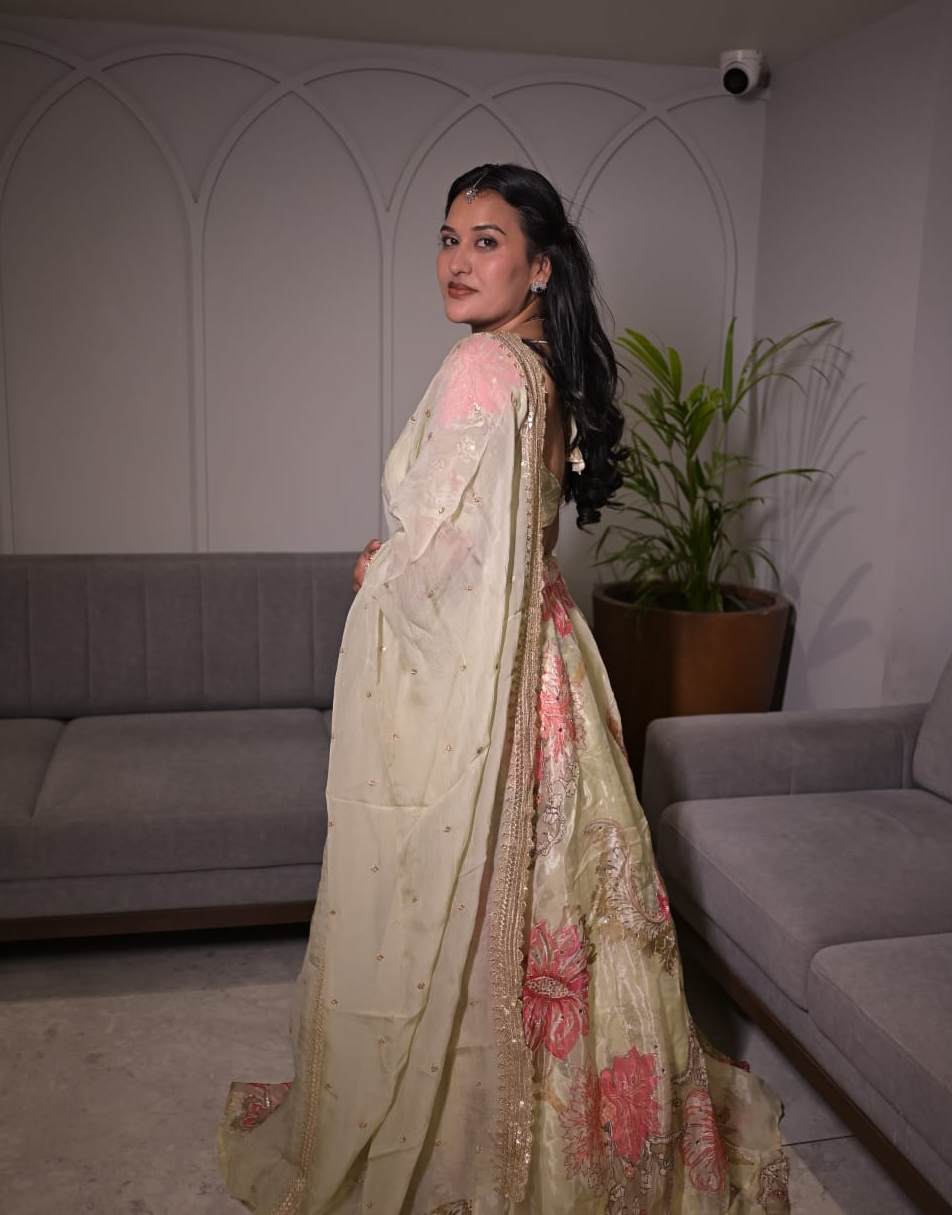 Pista green floral hand work lehenga