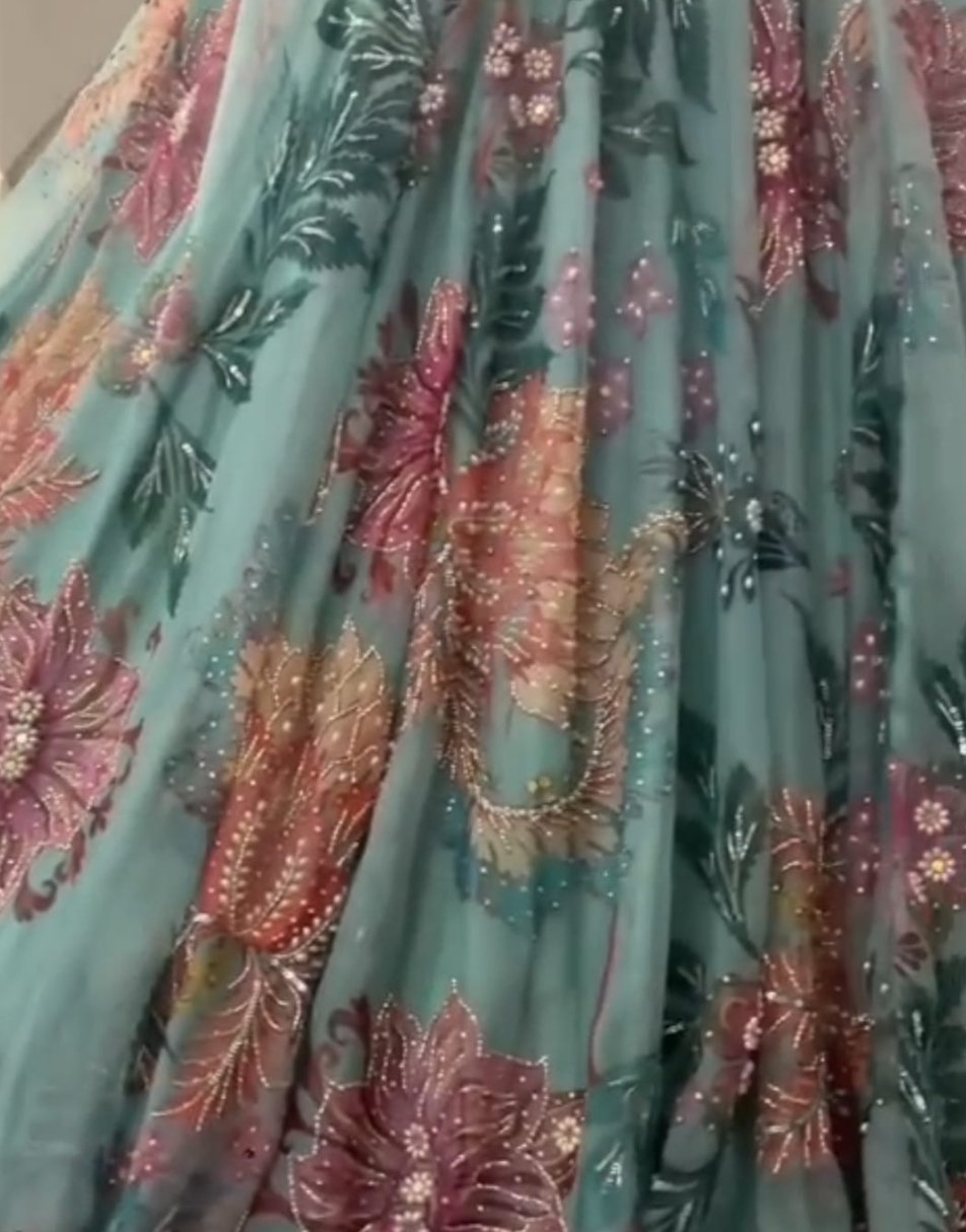 Blue floral hand work lehenga