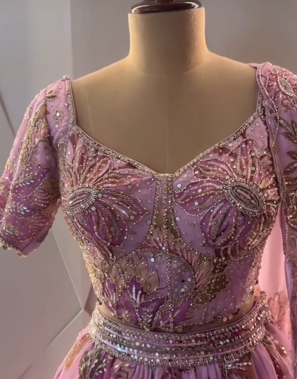 Pink floral hand embroidered lehenga