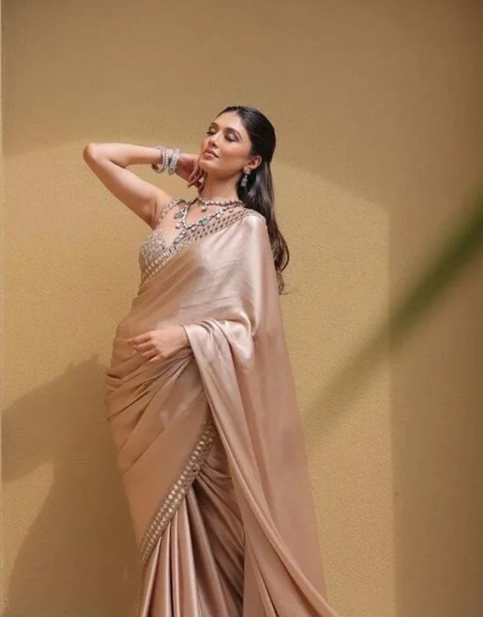 Beige modal satin saree with hand embroidered blouse