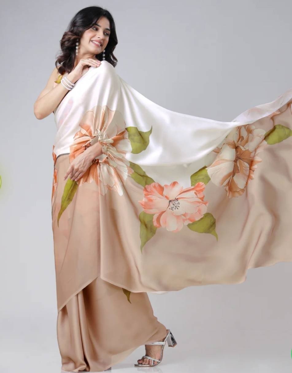 White gold free hand saree with unstich blouse