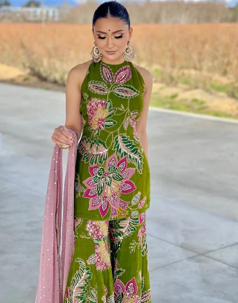 Green embroidered garara set