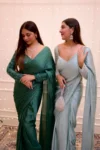 Green chiffon saree with embroidered blouse 3