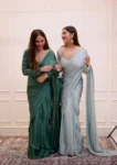 Green chiffon saree with embroidered blouse 4