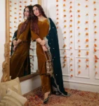 Mud Yellow Velvet Suit With Teal Blue Embroidered Dupatta 1