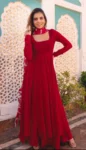 Red flowy georgette anarkali suit with lehriya dupatta 1
