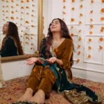 Mud Yellow Velvet Suit With Teal Blue Embroidered Dupatta 4
