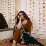 Mud Yellow Velvet Suit With Teal Blue Embroidered Dupatta 5
