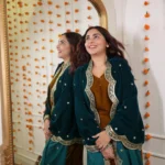 Mud Yellow Velvet Suit With Teal Blue Embroidered Dupatta 2