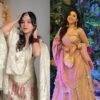 Off white embroidered sharara set and pink mirror lehnga