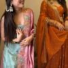 Bubble gum pink sharara set and orange gajji silk lehenga