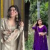 Off white embroidered sharara set and purple gajji silk lehenga