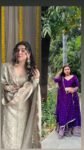 Off white embroidered sharara set and purple gajji silk lehenga