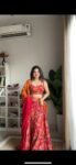Red and orange floral print lehenga 3